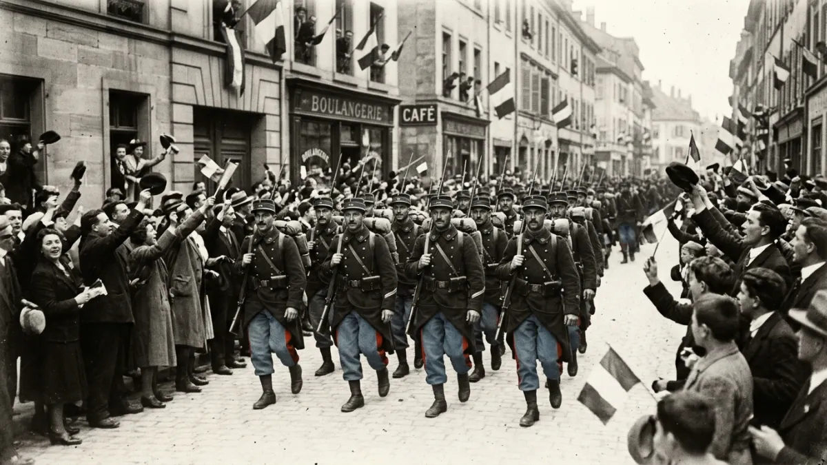Des soldats français en uniforme de 1914 avec le pantalon rouge garance entrant dans la ville de Mul