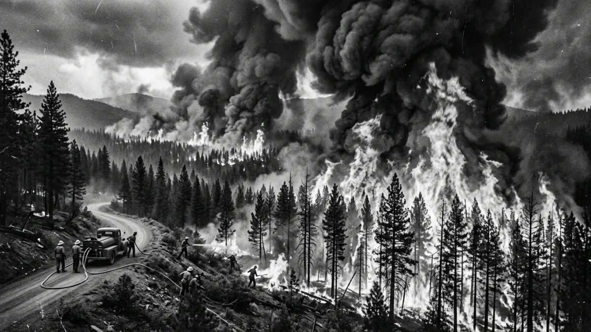 Une photographie historique en noir et blanc montrant un immense incendie de forêt ravageant une pin