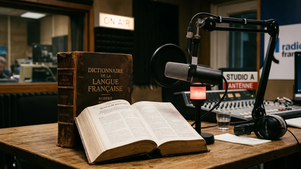 Une photographie de haute qualité montrant un dictionnaire de la langue française posé à côté d'un m