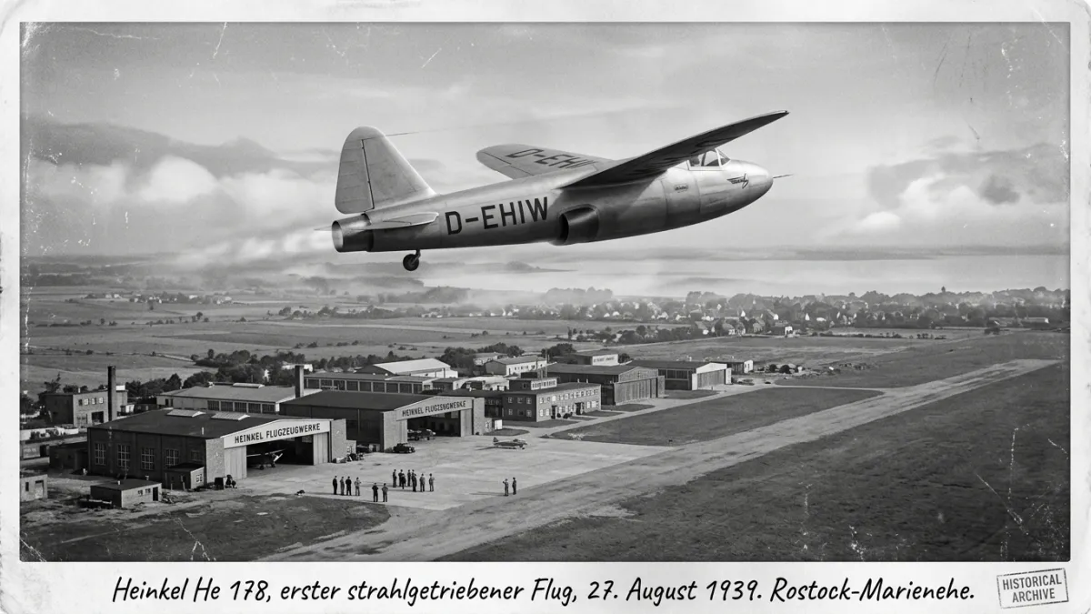 Photographie historique en noir et blanc du prototype expérimental Heinkel He 178, premier avion à r
