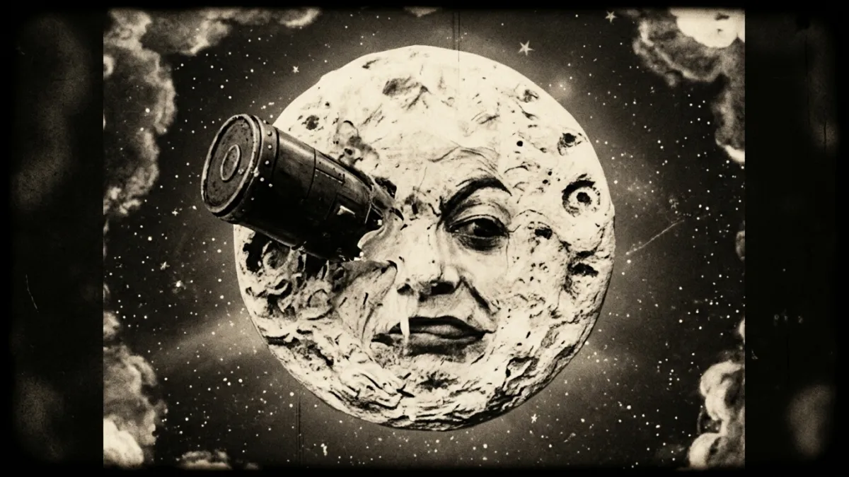 Illustration vintage de la célèbre scène de Georges Méliès montrant la Lune au visage humain avec un