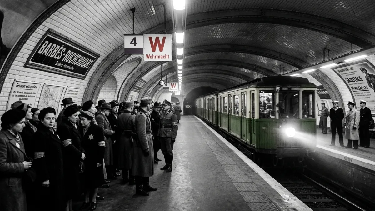 Une photographie historique en noir et blanc de la station de métro Barbès-Rochechouart à Paris en 1