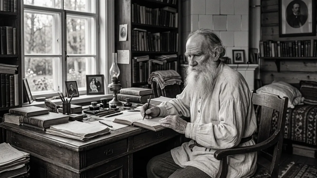 Portrait d'époque de Léon Tolstoï âgé, avec sa longue barbe blanche et sa blouse paysanne traditionn