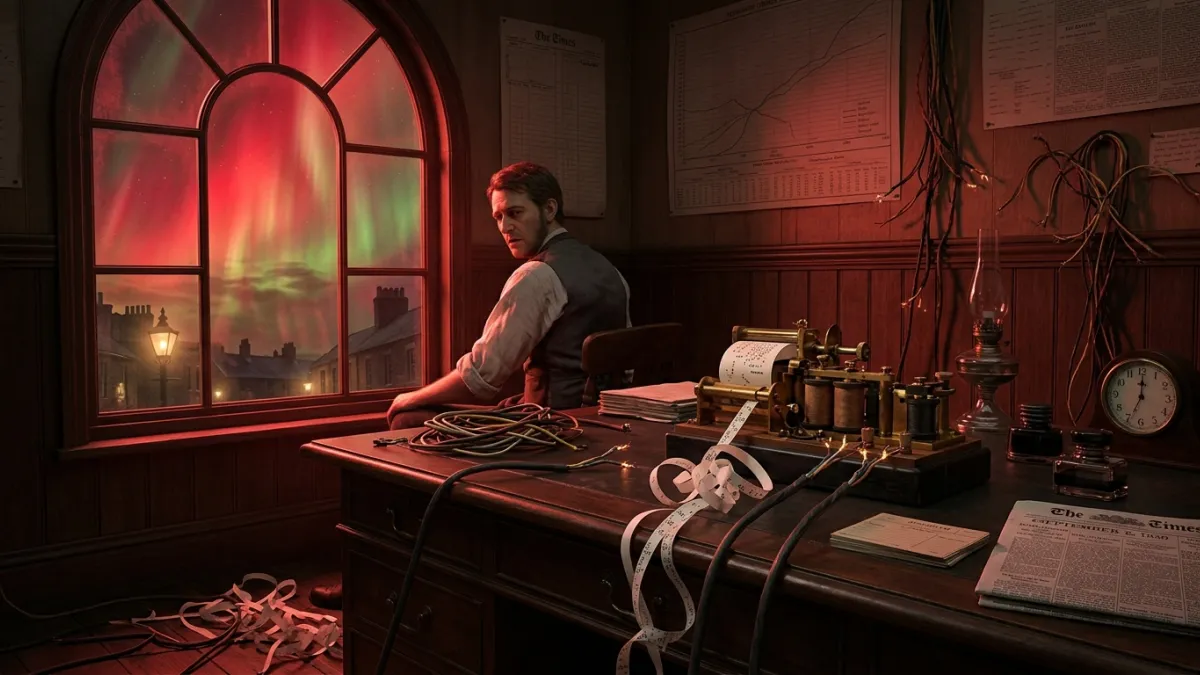 Un bureau de télégraphe d'époque victorienne en 1859, câbles déconnectés sur la table pendant que l'