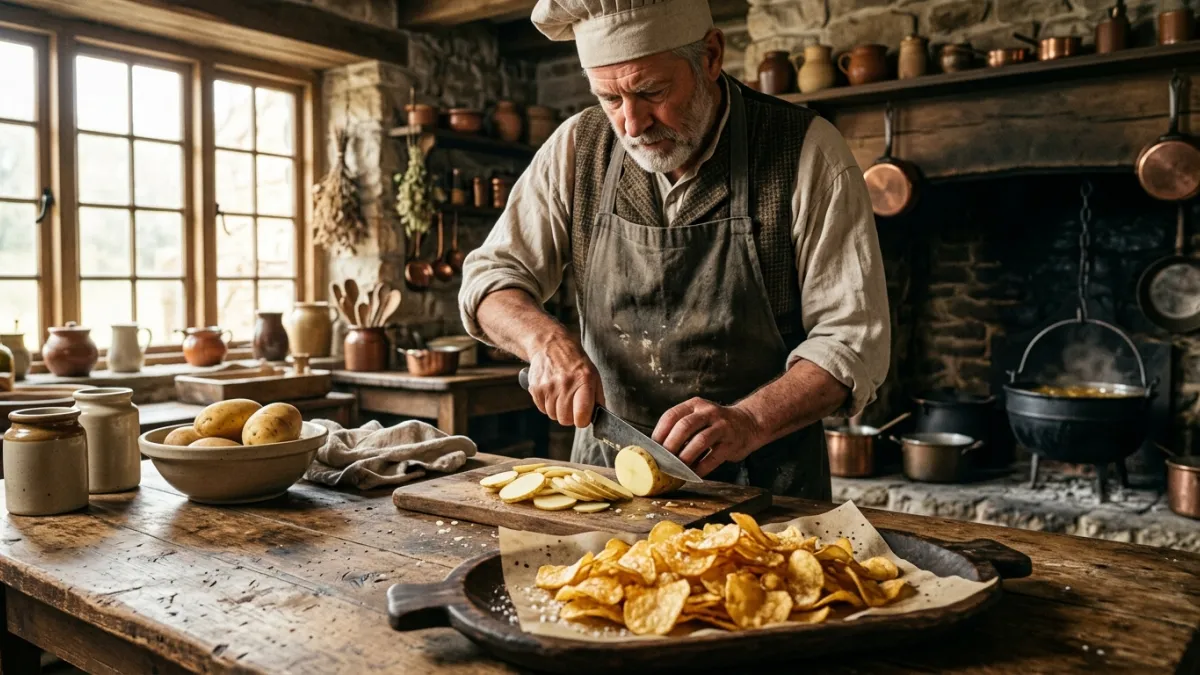 A 19th-century chef in a rustic kitchen, focused on thinly slicing a potato on a wooden table, with 
