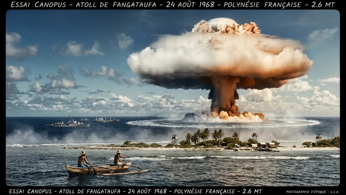 Photographie d'époque d'un immense champignon atomique s'élevant au-dessus de l'océan Pacifique et d