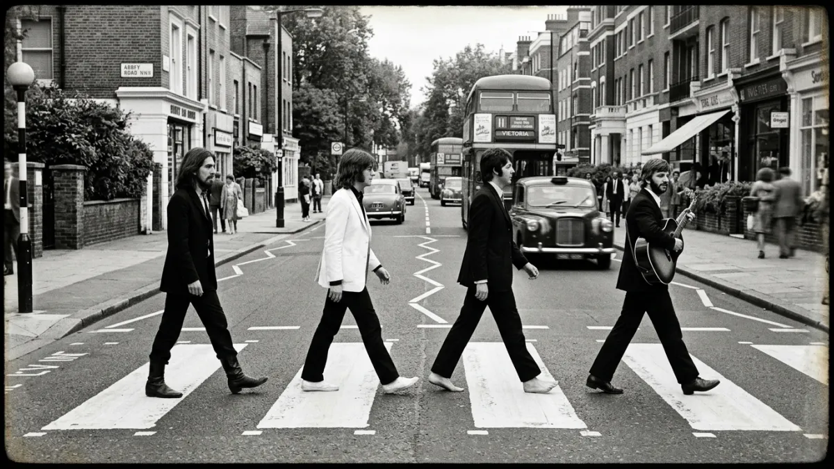 A vintage-style photograph of four musicians walking across a zebra crossing on a sunny street in Lo