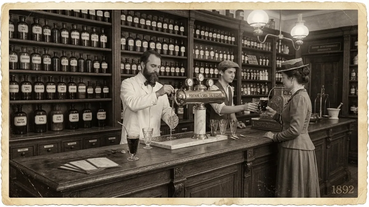 Photographie d'époque montrant le comptoir en bois d'une pharmacie de la fin du XIXe siècle, avec de