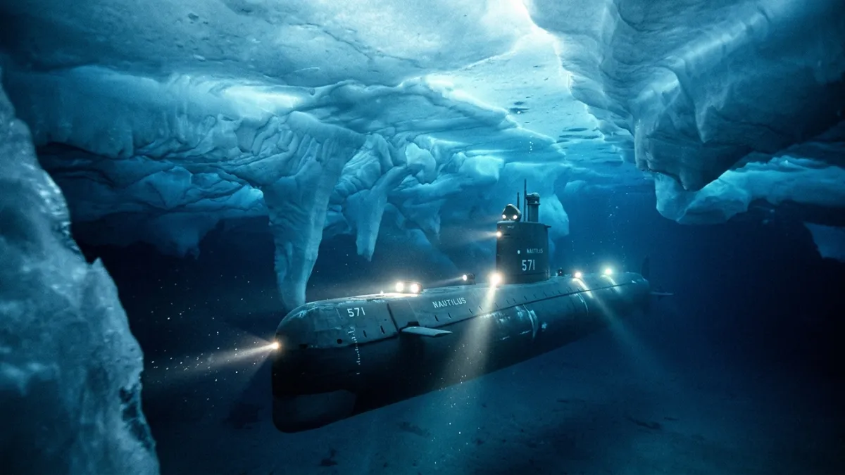 A realistic historical depiction of the nuclear submarine USS Nautilus navigating under the thick, t