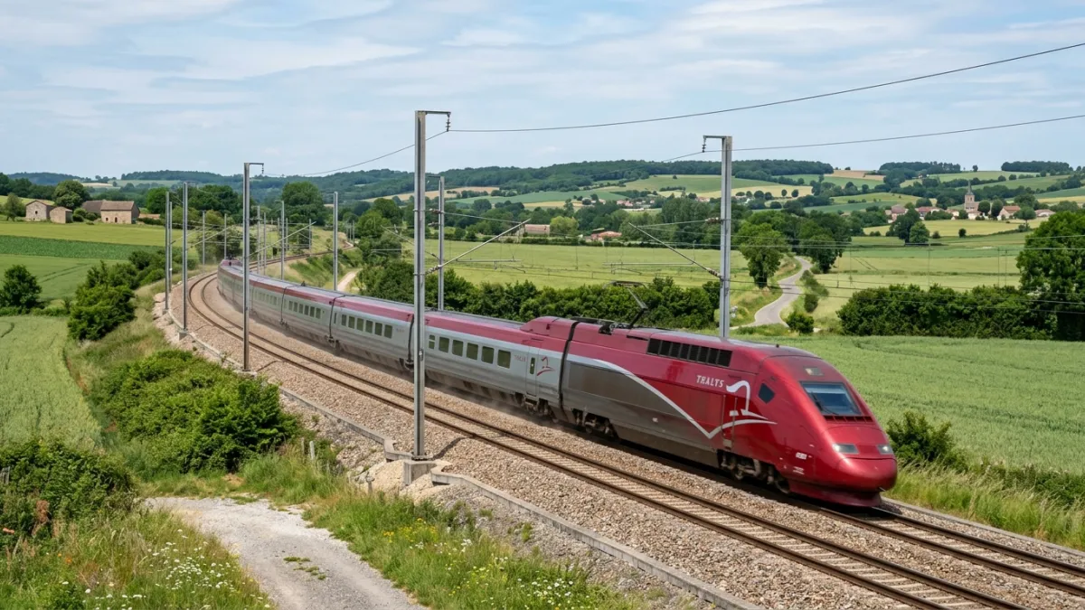 Une photographie d'un train à grande vitesse Thalys rouge et gris circulant sur une voie ferrée dans