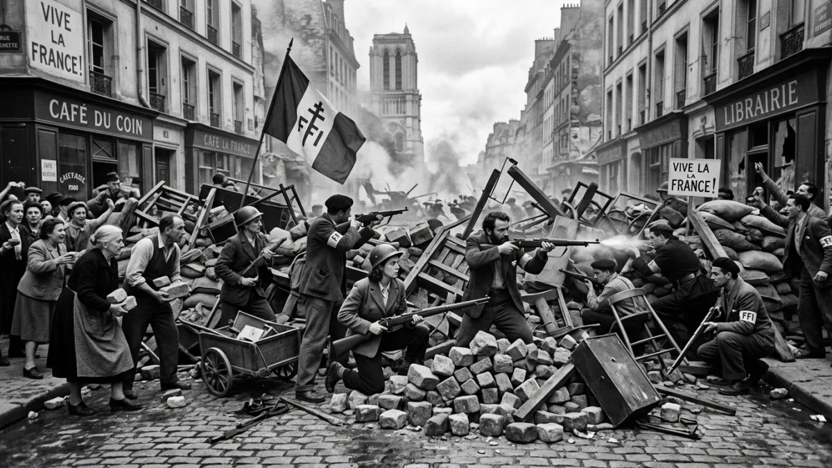 Une barricade historique dans une rue de Paris en août 1944, montrant des résistants et des citoyens