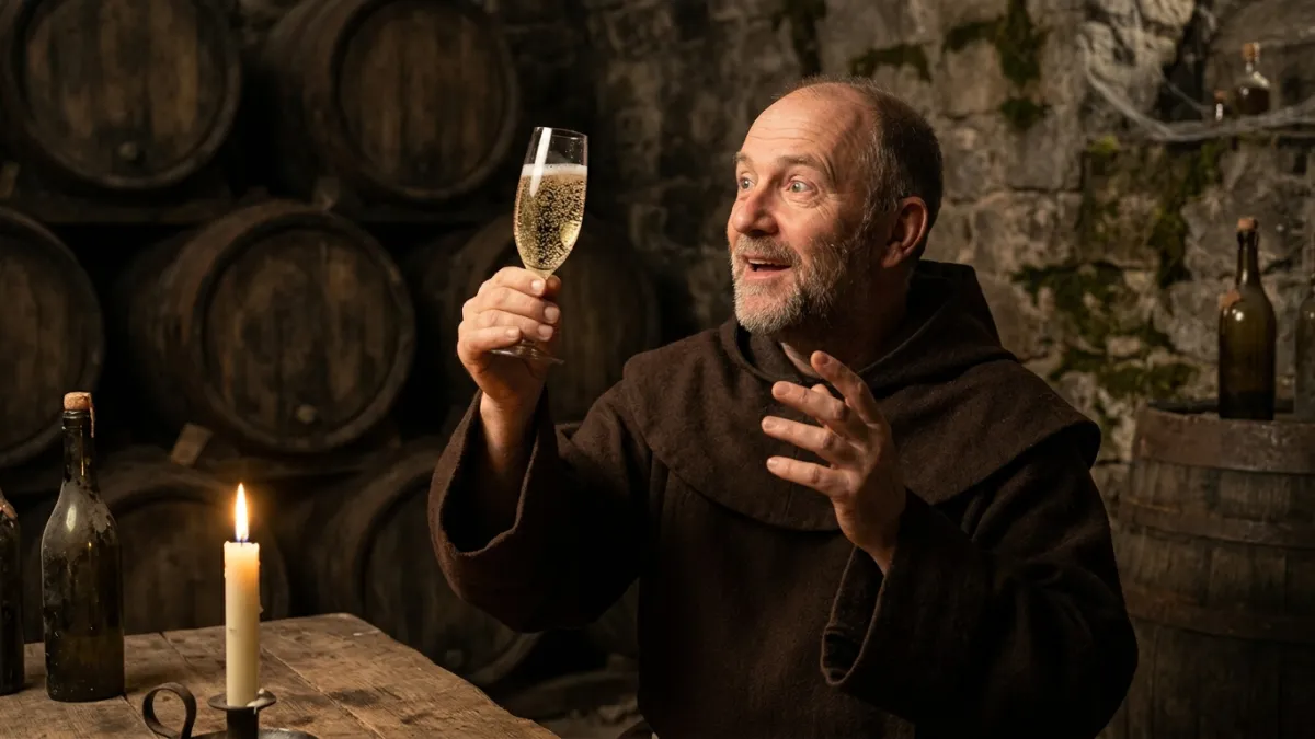 A 17th-century monk in a dimly lit stone cellar, holding up a crystal glass of sparkling champagne a