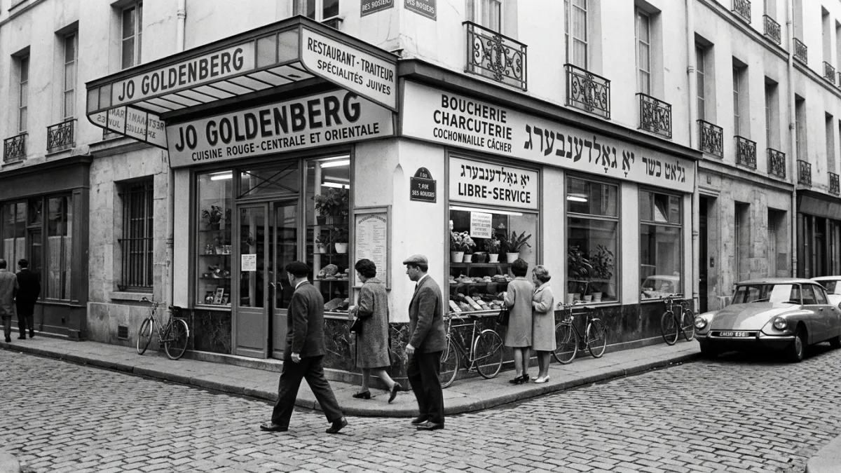 Une photographie historique en noir et blanc montrant la façade du restaurant Jo Goldenberg dans la 