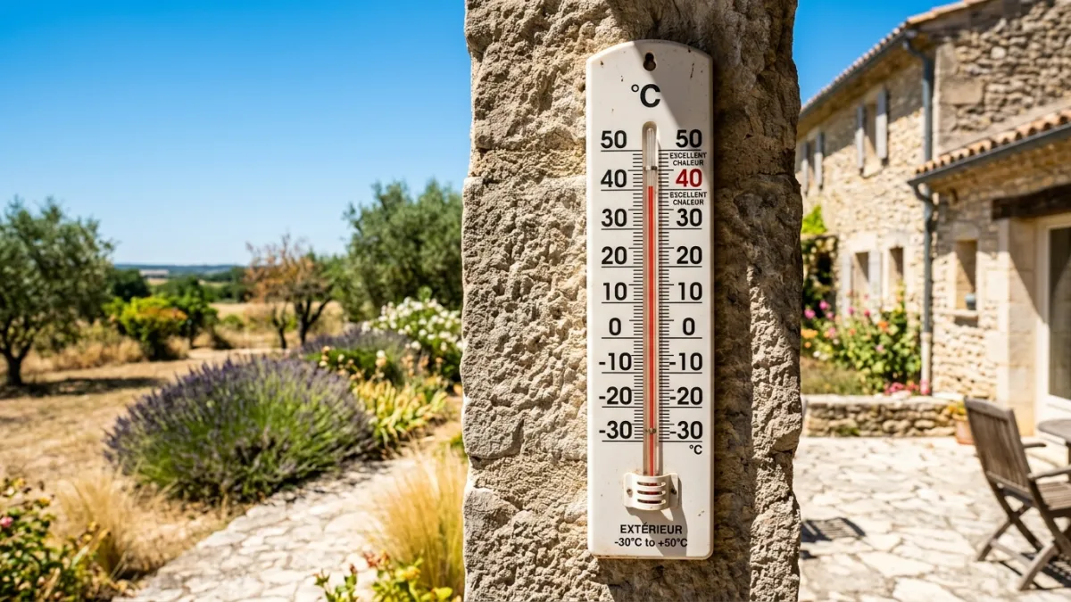 Une photo d'un thermomètre extérieur affichant une température extrême de 40 degrés sous un soleil d