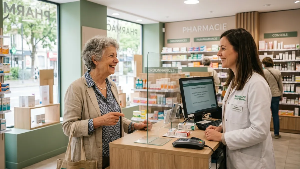 Une femme senior souriante discutant avec une pharmacienne dans une officine.