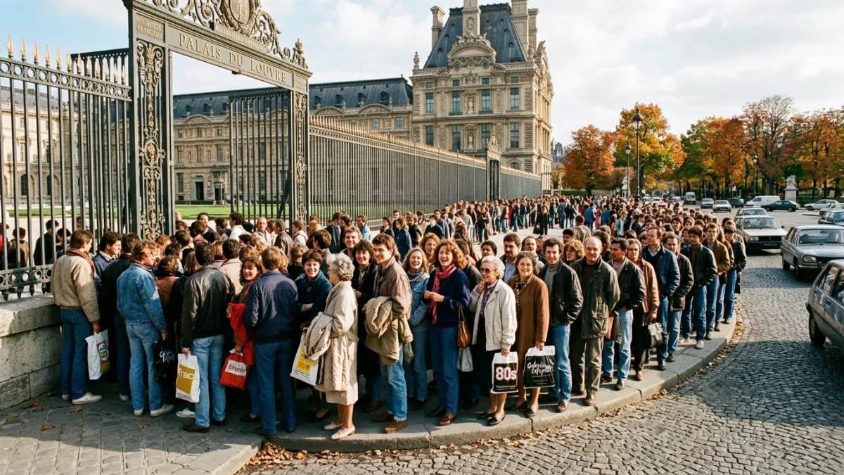 File d'attente devant un palais parisien dans les années 1980.