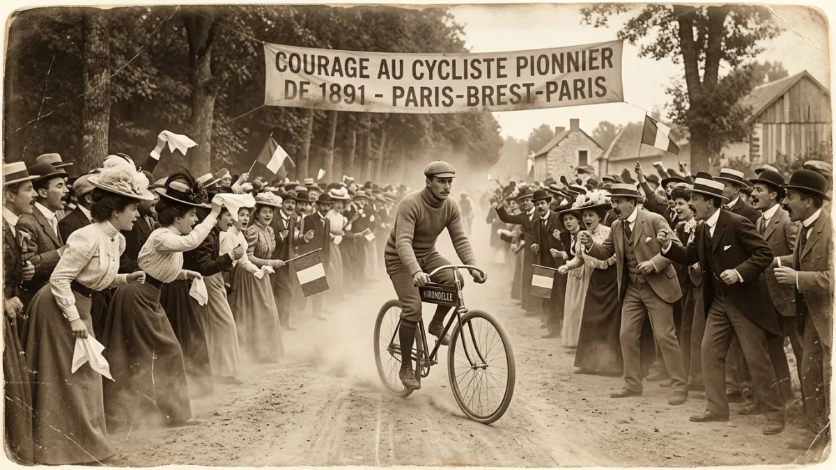Photographie d'époque sépia de la fin du XIXe siècle montrant un cycliste pionnier de 1891 sur une b