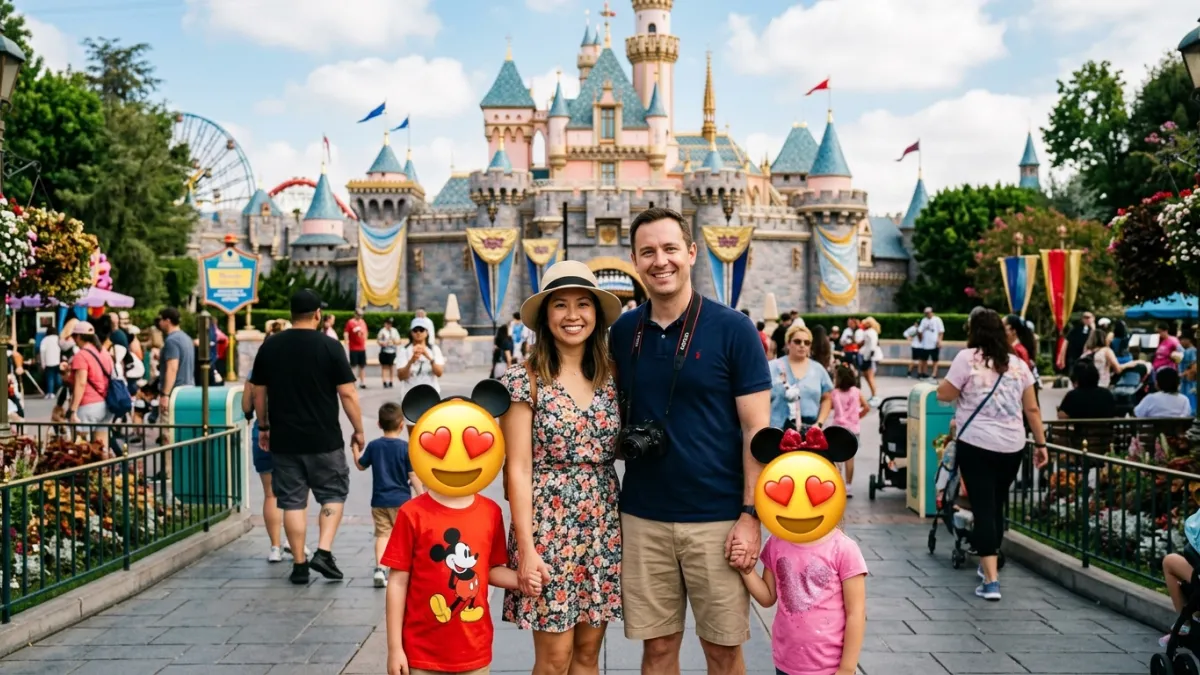 Une famille dans un parc d'attraction posant pour une photographie souvenir, les visages de ses deux