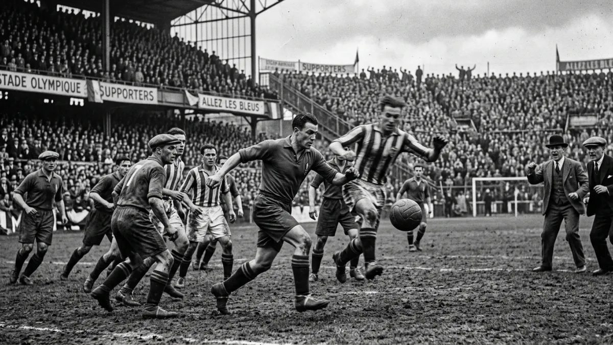 Match de football des années 1930 en France avec joueurs et public d'époque.