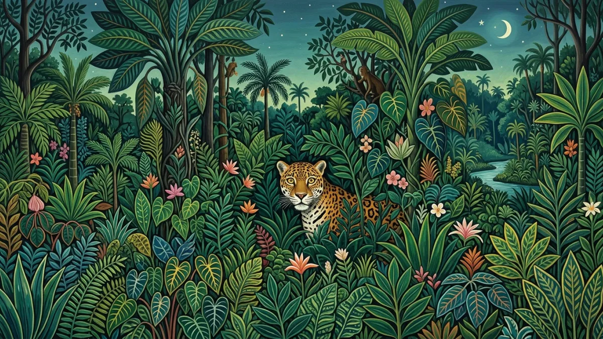 Illustration dans le style art naïf d'une jungle tropicale luxuriante et onirique, avec une végétati