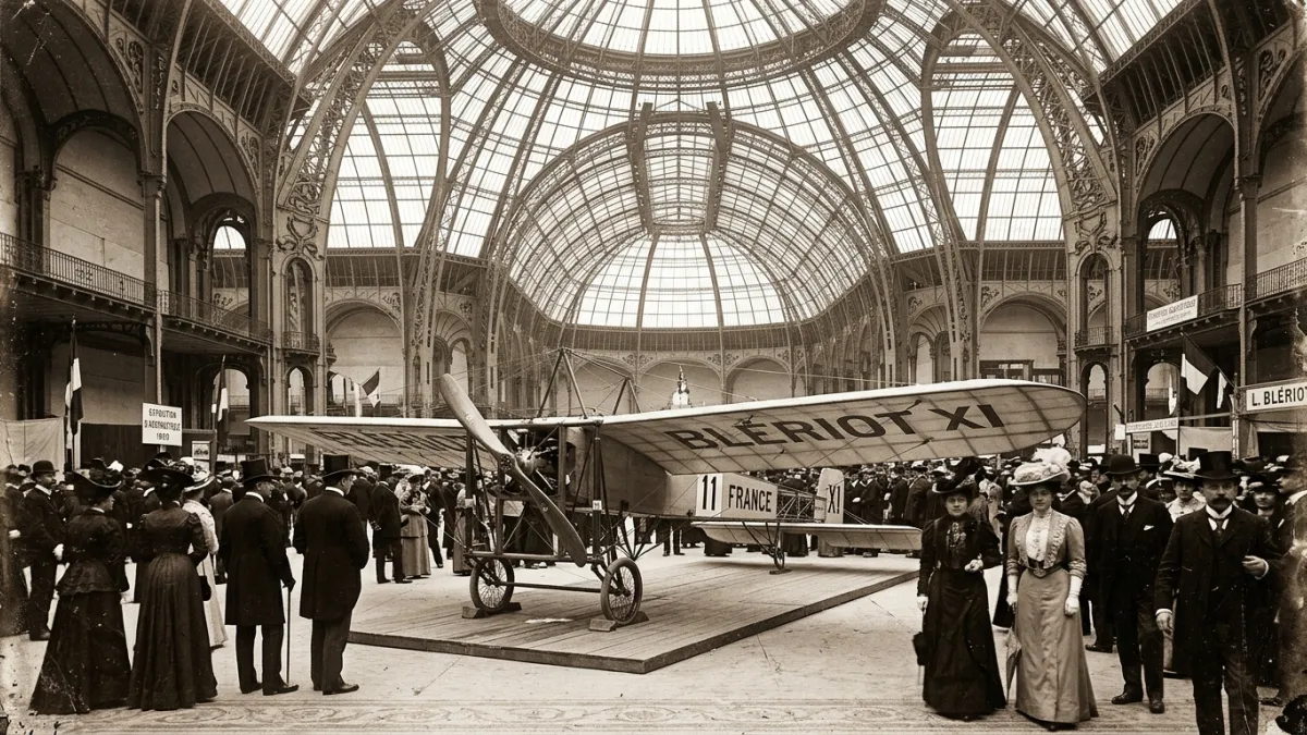 Photo sépia de 1909 montrant l'avion de Blériot sous la verrière du Grand Palais