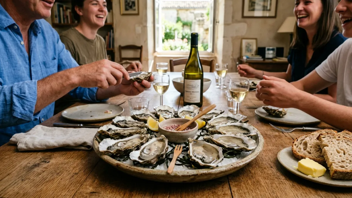 Un plateau d'huîtres fraîches sur une table en Charente-Maritime.