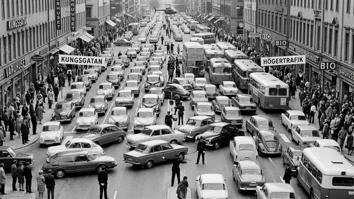 Photographie d'archive en noir et blanc d'une rue animée de Stockholm le 3 septembre 1967, vue en pl