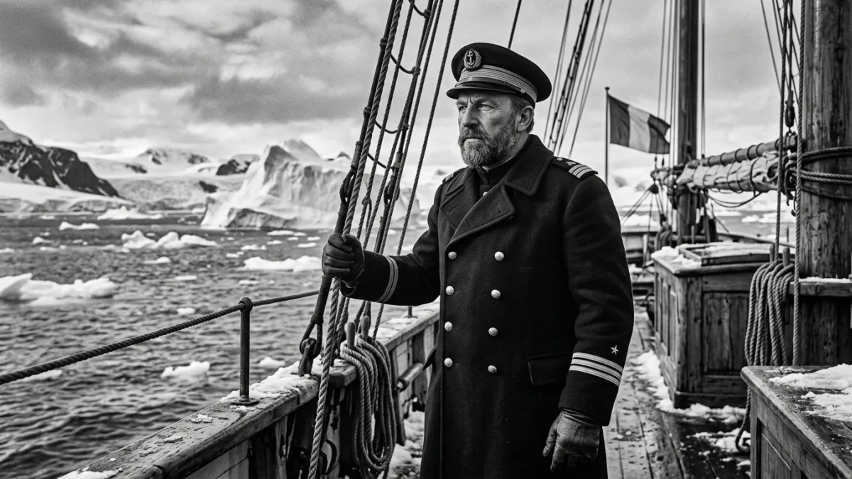 Portrait en noir et blanc du commandant Charcot en tenue polaire.