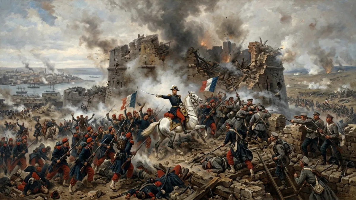 Peinture historique montrant le général Mac Mahon et les soldats français donnant l'assaut sur les r
