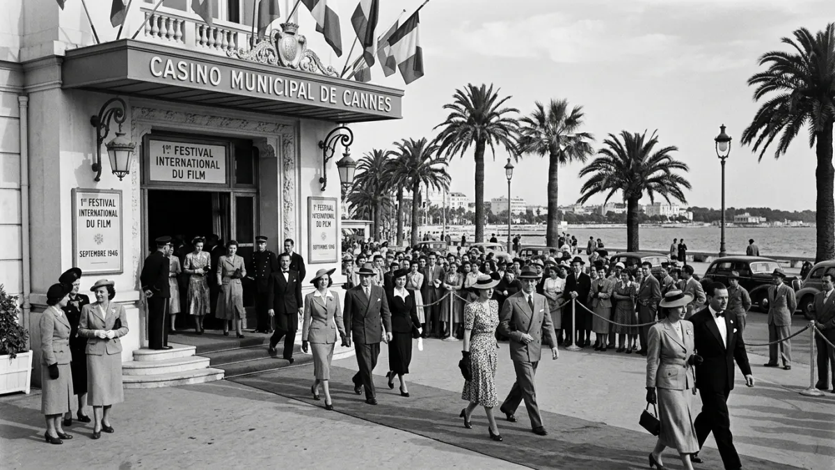 Festivaliers sur le tapis rouge du Casino municipal de Cannes en 1946.