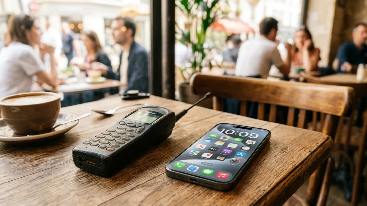 Ancien téléphone portable des années 90 et smartphone moderne sur une table.