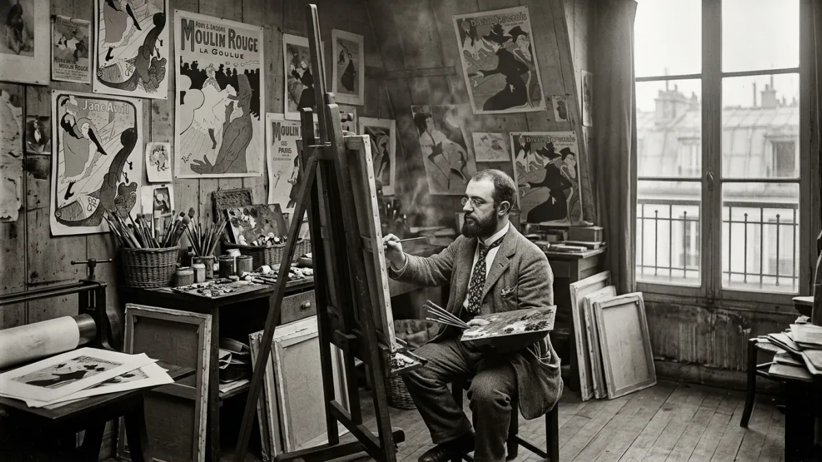Photographie d'époque en noir et blanc du peintre Henri de Toulouse-Lautrec dans son atelier parisie