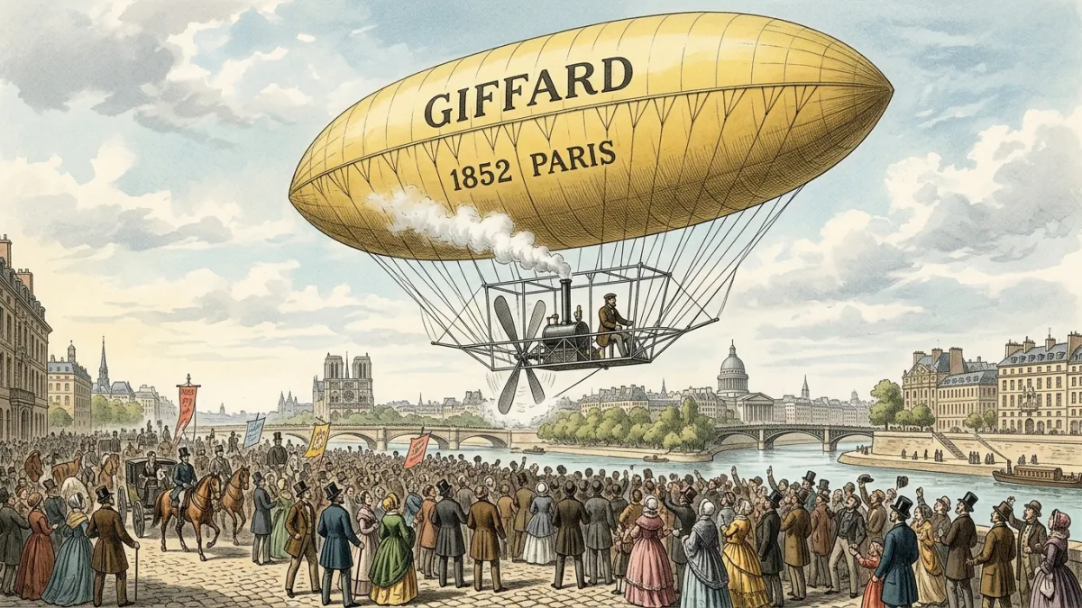 Le dirigeable à vapeur d'Henri Giffard au-dessus de Paris en 1852.