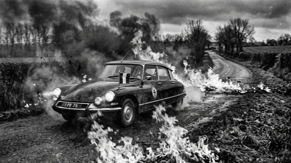 Une Citroen DS presidentielle noire des annees 1960 roulant a vive allure et traversant une nappe de