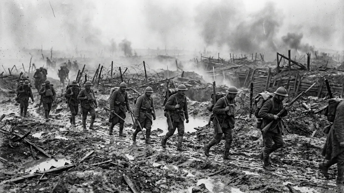 Soldats américains et français progressant dans la boue en 1918.