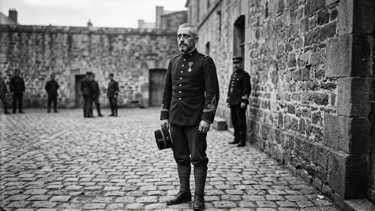 Portrait en noir et blanc du capitaine Alfred Dreyfus en uniforme militaire.