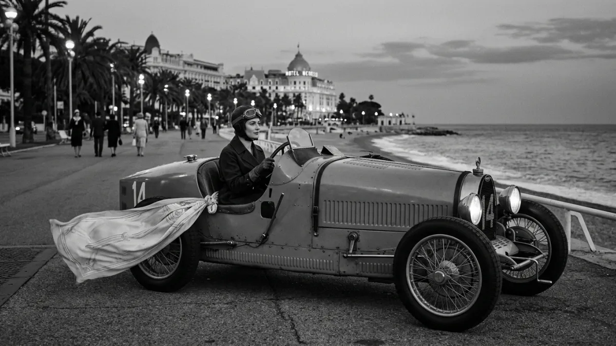 Voiture de course vintage des années 1920 sur la Promenade des Anglais.
