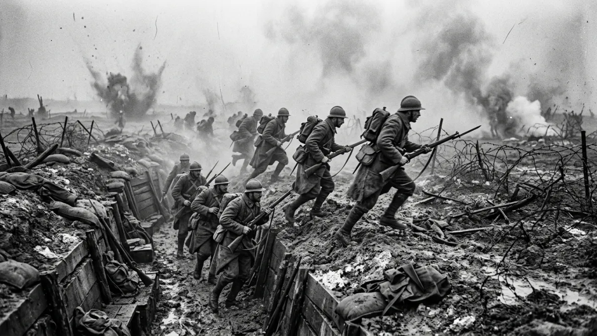 Poilus français bondissant hors d'une tranchée boueuse en Champagne, 1915.