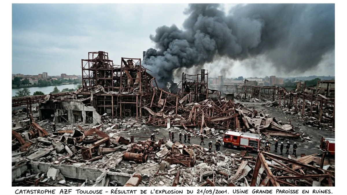Ruines industrielles colorées de l'usine AZF après l'explosion à Toulouse.