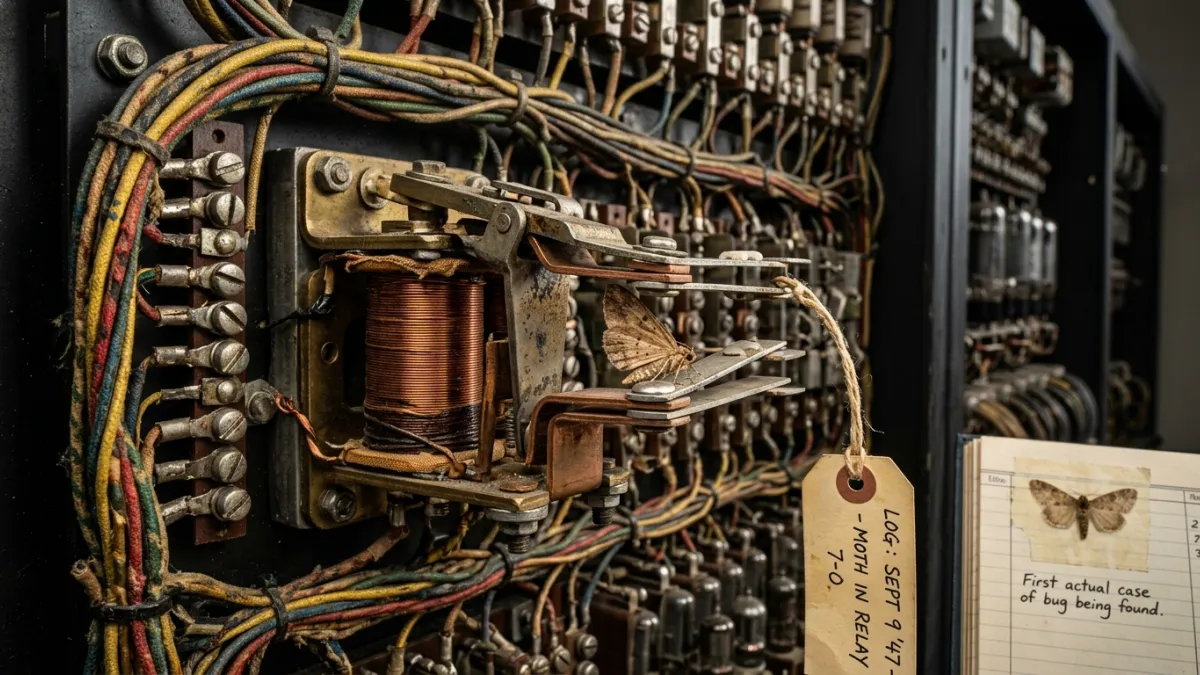 Gros plan sur un relais électromécanique d'un ordinateur géant des années 1940, montrant des composa