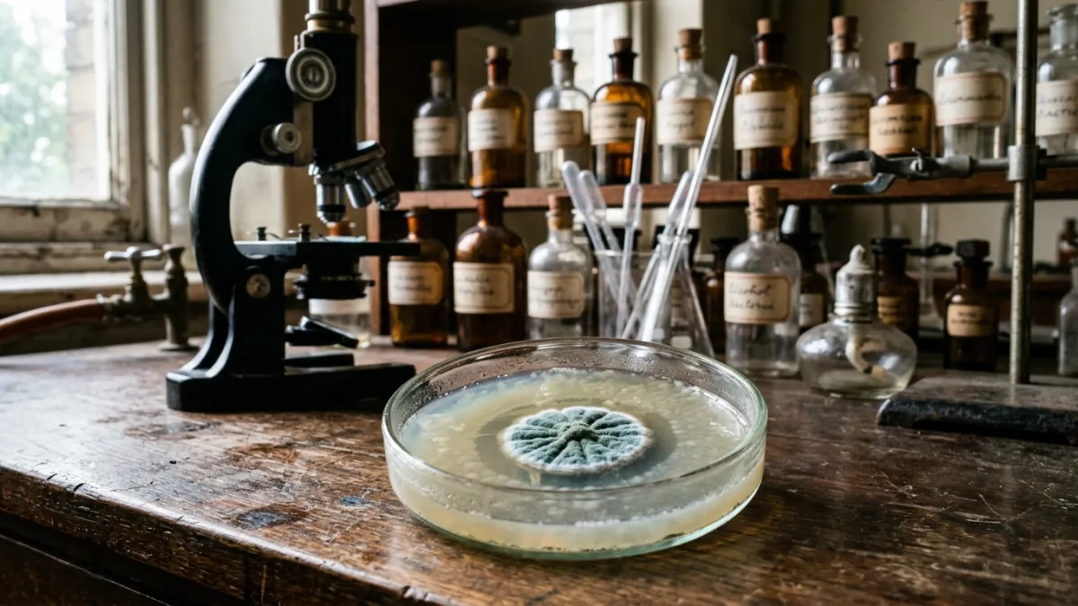 Photographie gros plan réaliste d'une boîte de Pétri en verre sur une paillasse de laboratoire des a