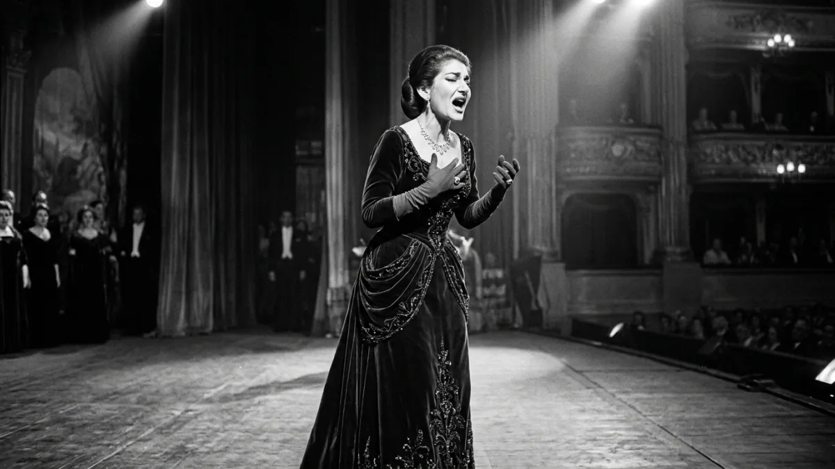 Portrait en noir et blanc de Maria Callas chantant sur scène avec émotion.