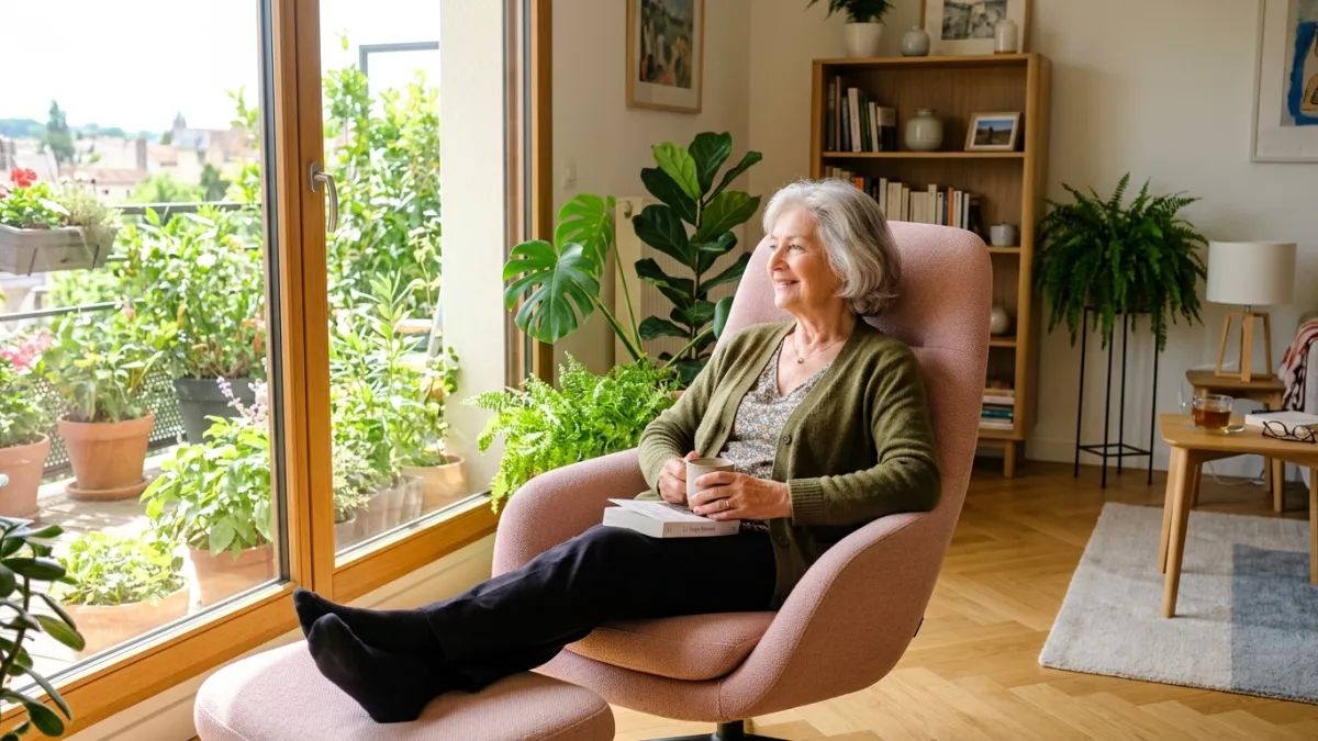 Femme de 75 ans sereine dans son salon lumineux et moderne.