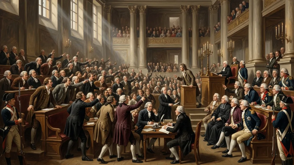 Députés divisés à l'Assemblée constituante de 1789, peinture historique.