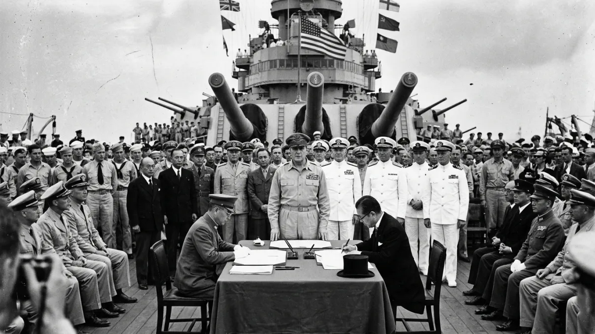 Photographie d'archive en noir et blanc de la signature de la capitulation du Japon sur le pont de l