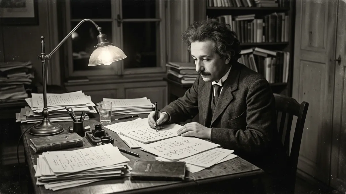 Jeune Albert Einstein assis à son bureau en 1905, entouré de notes.