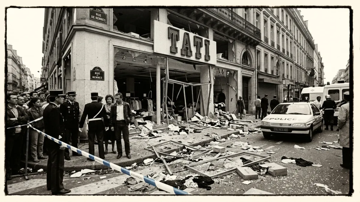 Devanture brisée du magasin Tati à Paris en septembre 1986.