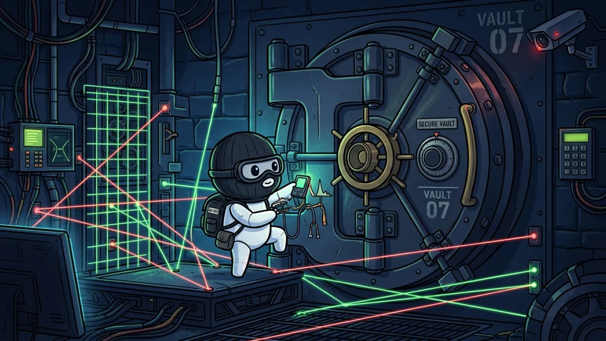 Un petit personnage IA cambrioleur s'introduit dans un coffre-fort.