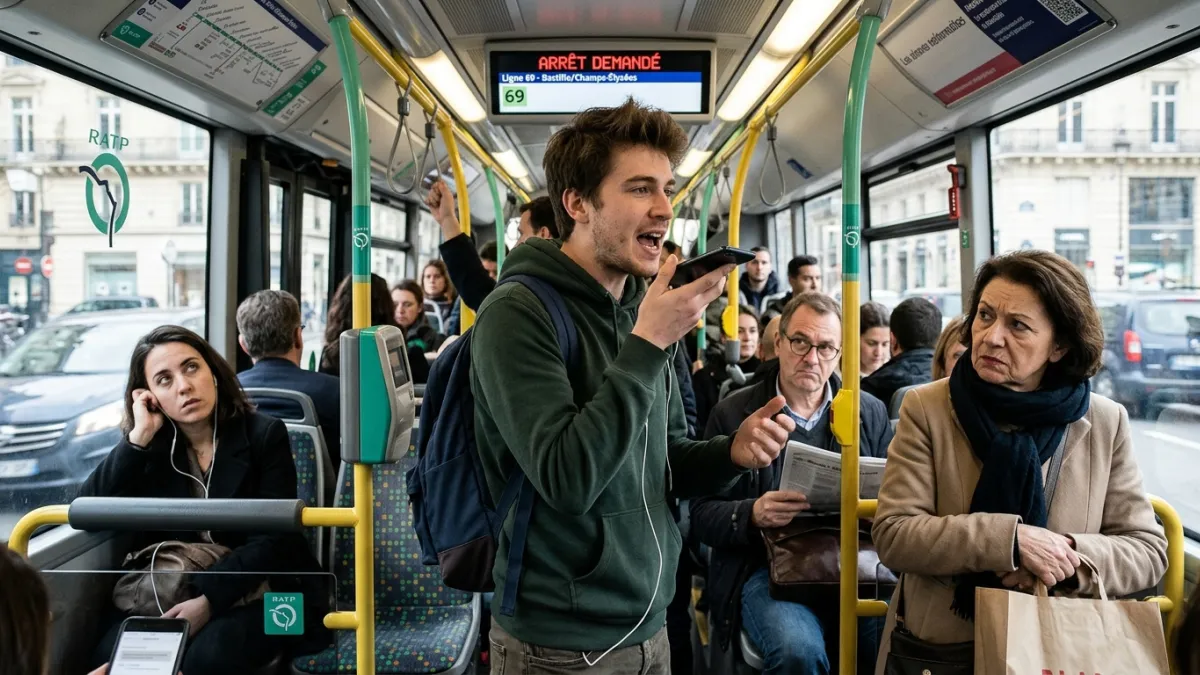 Un voyageur parle bruyamment sur son smartphone dans un bus parisien.