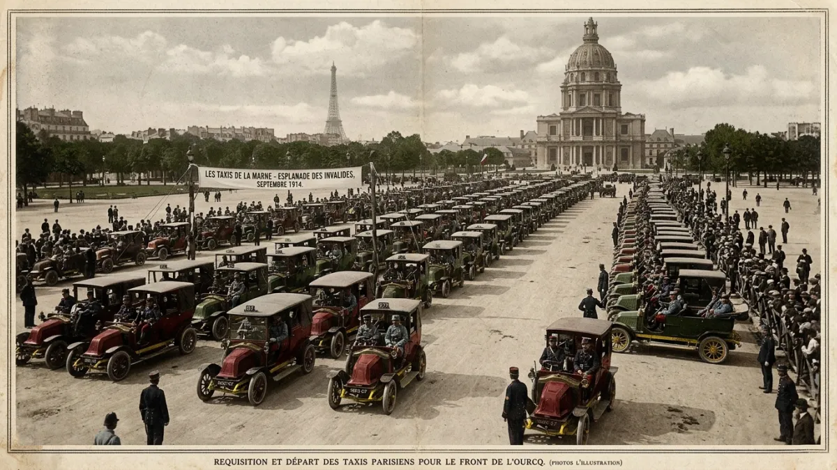 Une photo d'époque des taxis de la Marne réunis à Paris